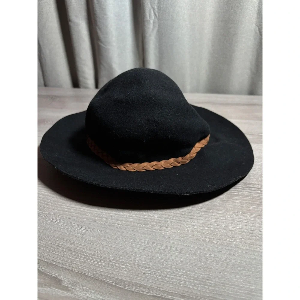 Black 100% Wool Wide Brim Floppy Hat with Brown Braided Band Boho Chic Fedora‎